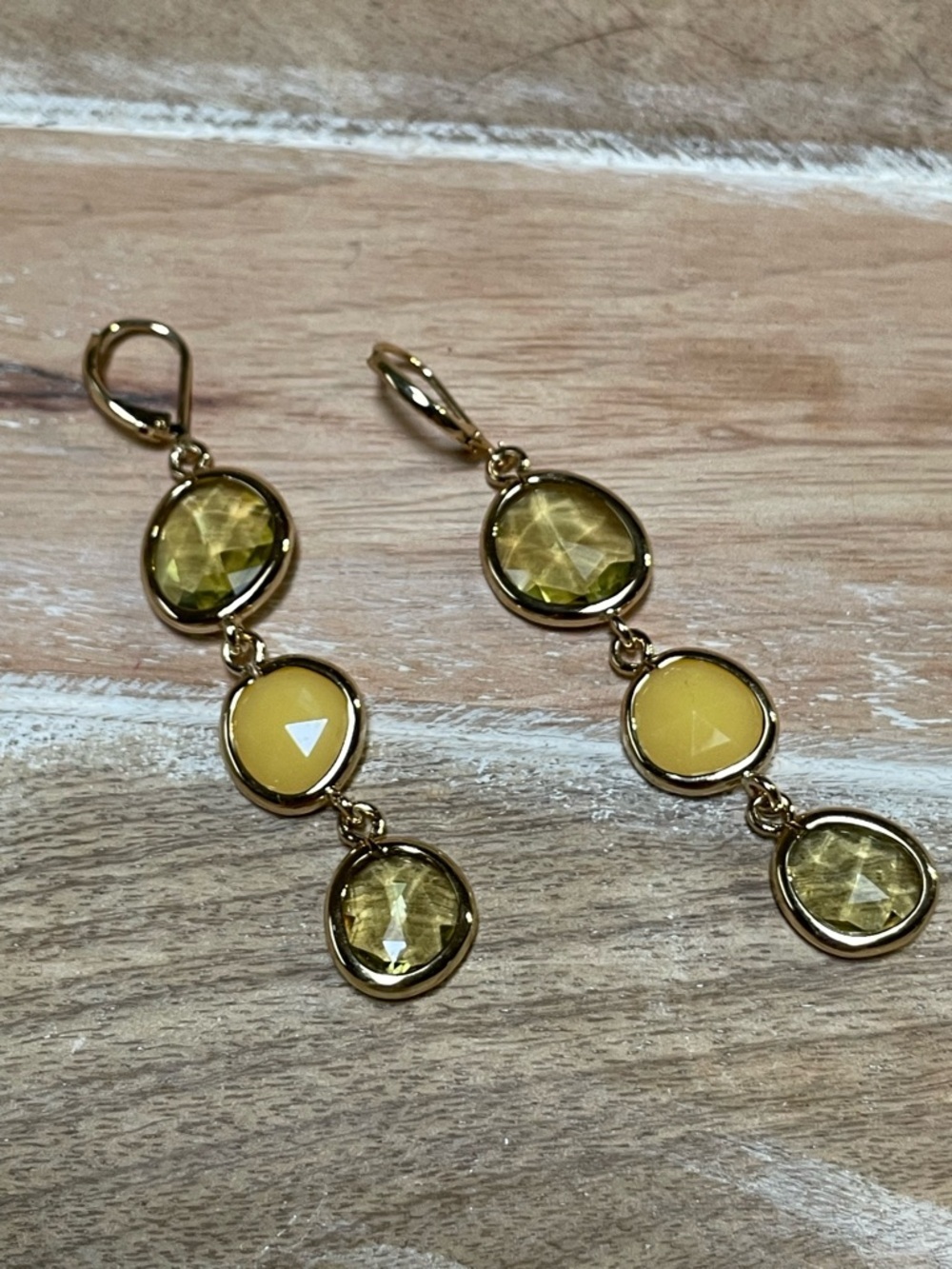 Gold-Tone Yellow and Pale Green Triple Crystal Drop Earrings - Women Jewelry